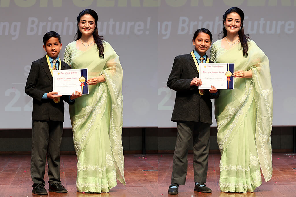 As a part of the Orientation Ceremony for the academic session 2026–27, a special segment was organised to recognise and celebrate the academic achievements of students for the session 2025–26. The occasion highlighted the hard work, dedication, and consistent efforts of the students. Academic Excellence Awards were presented to meritorious students by the Chief Guest, Mrs. Anuradha Joshi, Chairperson, Ann Mary School, along with the Guest of Honour, Shri Jitender Joshi, Secretary, Ann Mary School. Students were also awarded cash prizes amounting to approximately ₹1 lakh in total, along with award letters, under the Academic Excellence Awards. Students who secured a perfect score of 100 out of 100 in any subject were specially honoured under the Director’s Honours by Director Ms. Ankita Joshi, acknowledging their exceptional achievement and commitment to excellence. The segment served as a source of motivation and inspiration for all students to strive for higher goals and continue their pursuit of excellence.